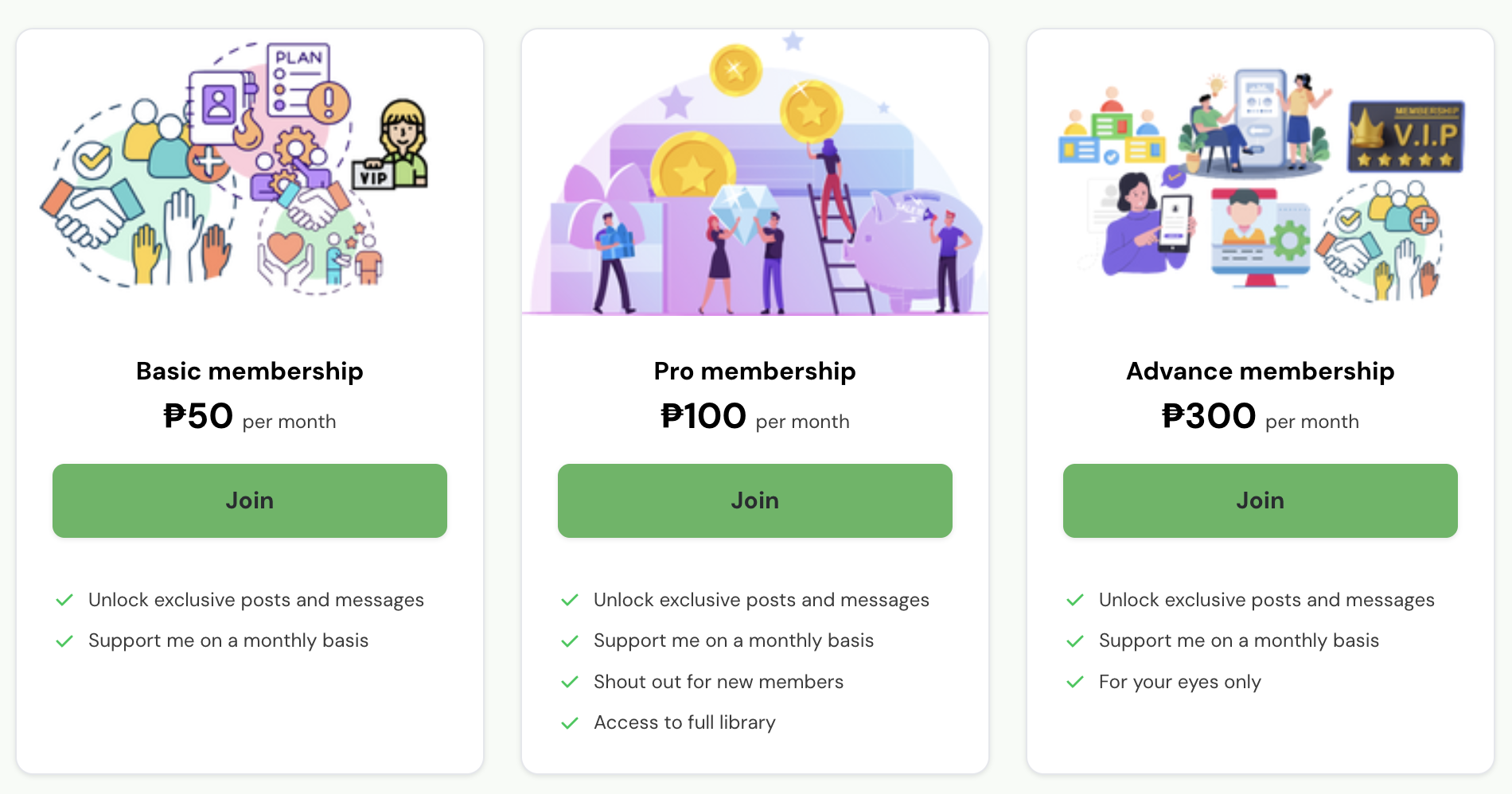 Membership tiers interface mockup